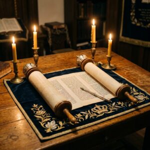 Open Torah scroll on blue embroidered cloth surrounded by four lit candles